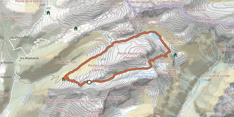 Map of the Tour de la Pointe Rousse des Chambres track on the IGN map, with the start and numbered waypoints