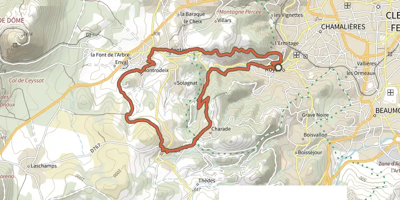 Carte du tracé de De la vallée de la Tiretaine aux sources de l’Artière sur le Plan IGN, départ et points de passage numérotés