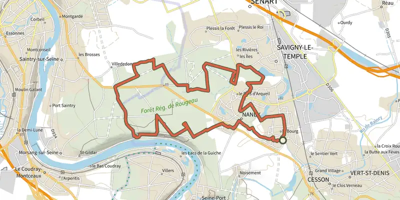 Carte du tracé de 21 km - Rougeau sur OpenTopoMap, départ et points de passage numérotés