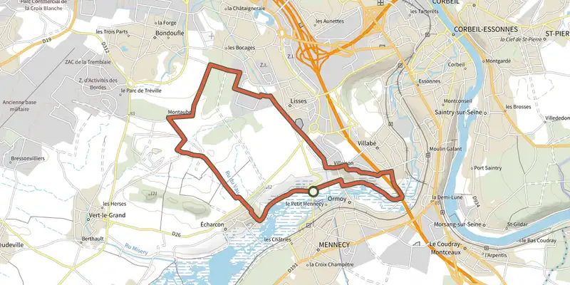 Carte du tracé de 17 km - Montauger sur le Plan IGN, départ et points de passage numérotés