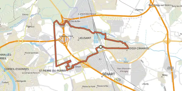 Tracé de De Lieusaint à Moissy-Cramayel sur le Plan IGN