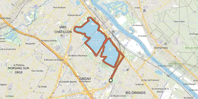 Carte du tracé de La biodiversité est reine aux lacs de l'Essonne sur le Plan IGN, départ et points de passage numérotés