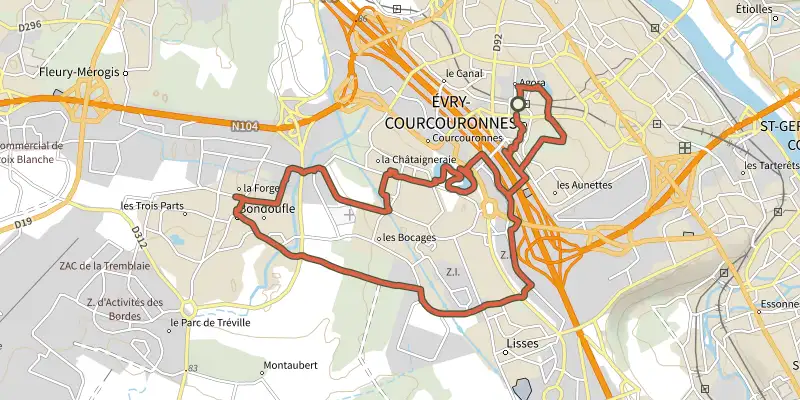 Map of the Évry-Courcouronnes, Bondoufle et Lisses : voyagez dans le temps au coeur de ces anciens villages track on OpenTopoMap, with the start and numbered waypoints