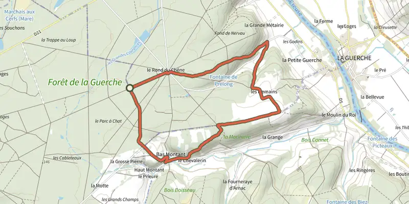 Map of the Le montant et les mesmains track on the IGN map, with the start and numbered waypoints
