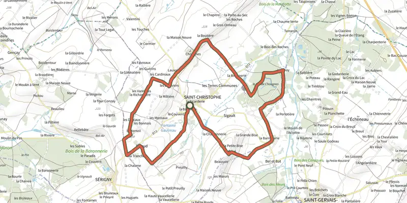 Carte du tracé de Quand Aliénor regarde Richelieu sur le Plan IGN, départ et points de passage numérotés