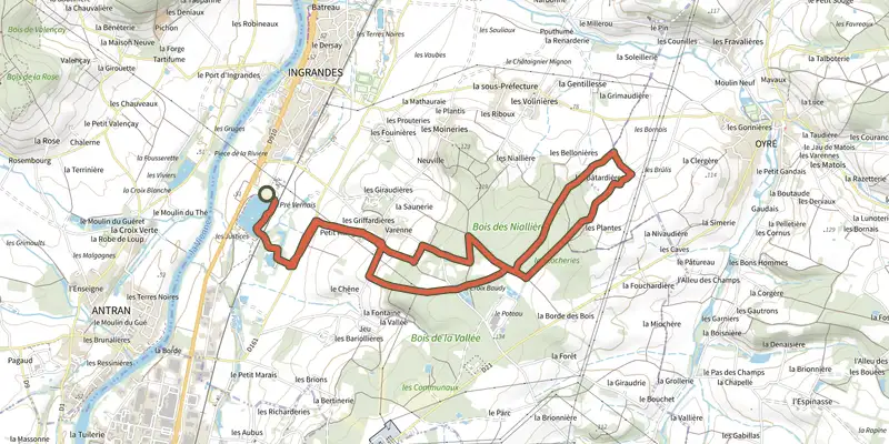 Carte du tracé de Chemin du Lac aux Niallières sur le Plan IGN, départ et points de passage numérotés