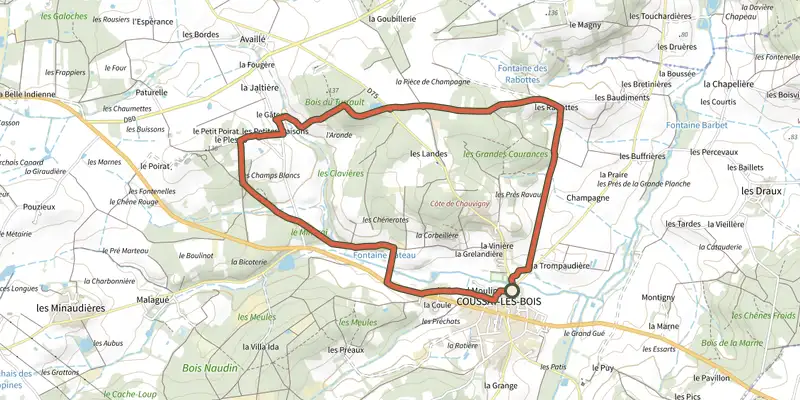 Carte du tracé de Chemin des Rabottes sur le Plan IGN, départ et points de passage numérotés