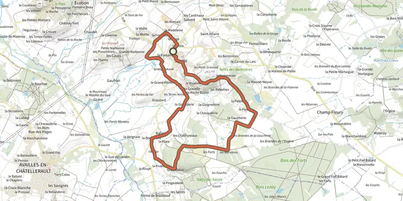 Carte du tracé de Circuit des forts sur le Plan IGN, départ et points de passage numérotés