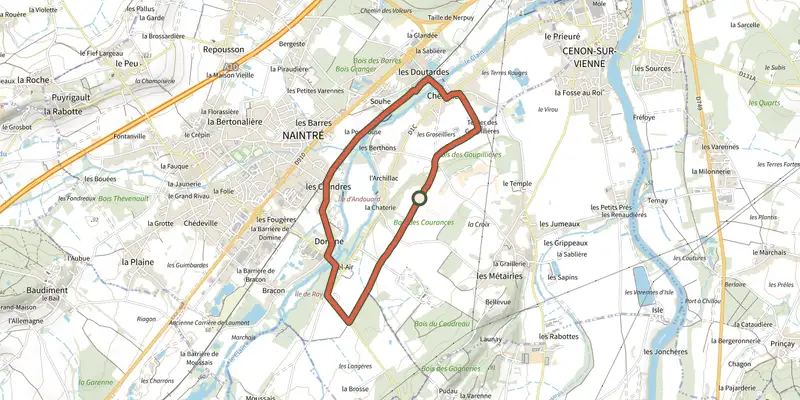 Carte du tracé de Circuit des moulins sur le Plan IGN, départ et points de passage numérotés