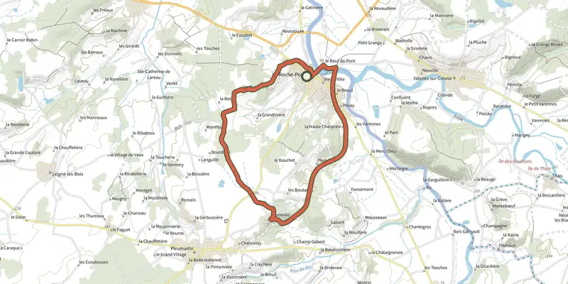 Carte du tracé de Rives et vallons de la Creuse sur le Plan IGN, départ et points de passage numérotés