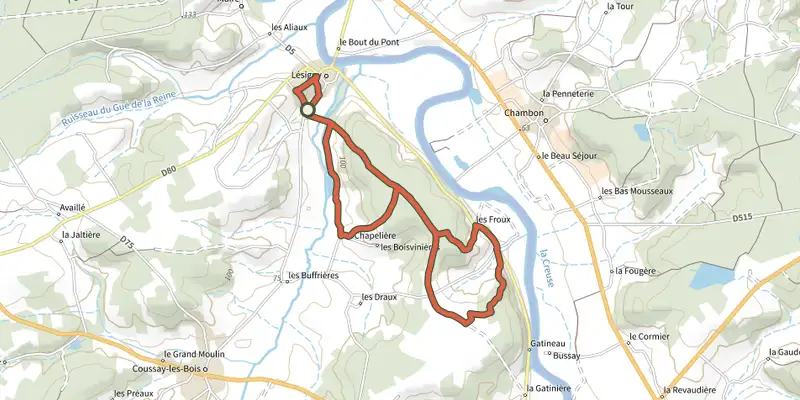 Map of the Les Coteaux de Lésigny track on the IGN map, with the start and numbered waypoints