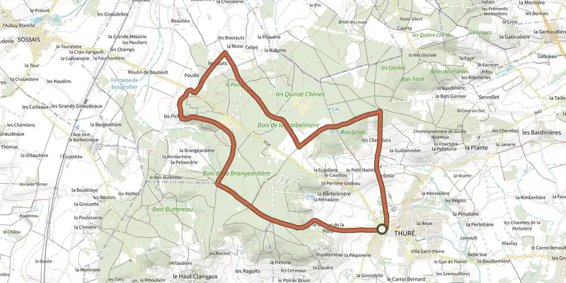 Carte du tracé de De porche en porche sur le Plan IGN, départ et points de passage numérotés