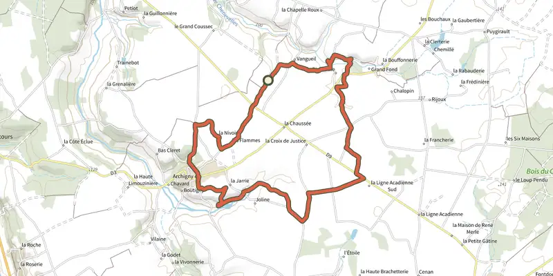 Carte du tracé de Entre les bras de l'Ozon sur le Plan IGN, départ et points de passage numérotés