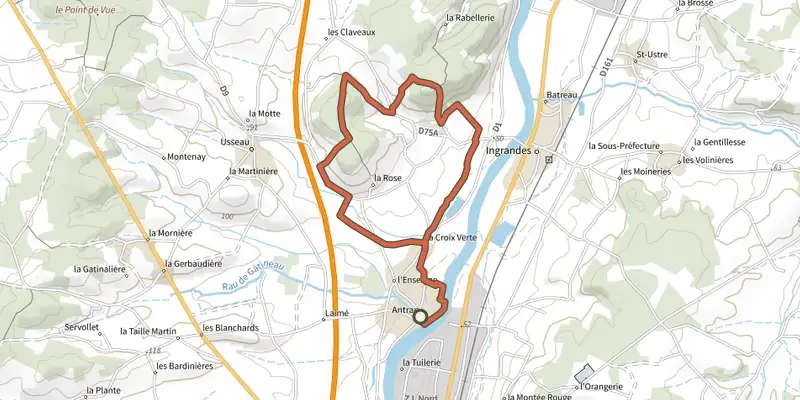 Carte du tracé de La boucle de Valençay sur le Plan IGN, départ et points de passage numérotés