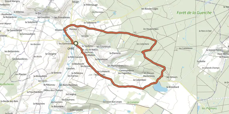 Carte du tracé de La lunoterie sur le Plan IGN, départ et points de passage numérotés