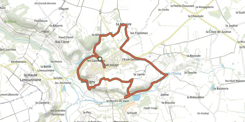 Map of the Le petit patrimoine track on the IGN map, with the start and numbered waypoints