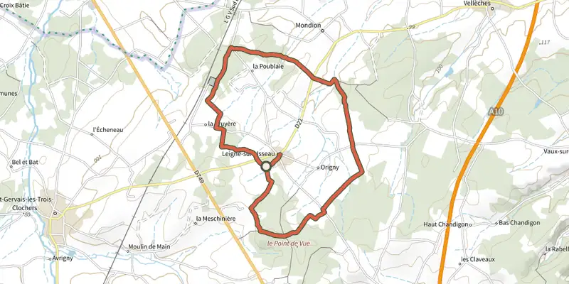 Carte du tracé de Sentier du Bois du Peu Blanc sur le Plan IGN, départ et points de passage numérotés