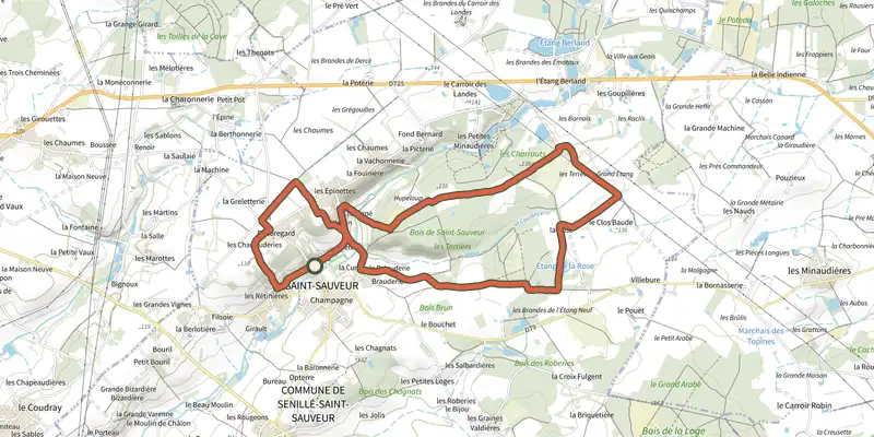 Carte du tracé de Les bois de St Sauveur sur le Plan IGN, départ et points de passage numérotés