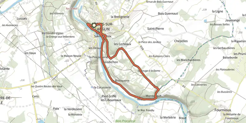 Map of the Les Certeaux track on the IGN map, with the start and numbered waypoints