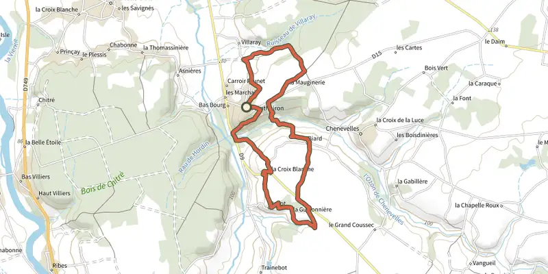 Carte du tracé de Les Croix sur le Plan IGN, départ et points de passage numérotés