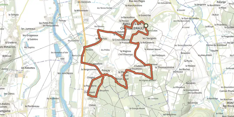 Carte du tracé de Chemin des Croix d'Availles sur le Plan IGN, départ et points de passage numérotés
