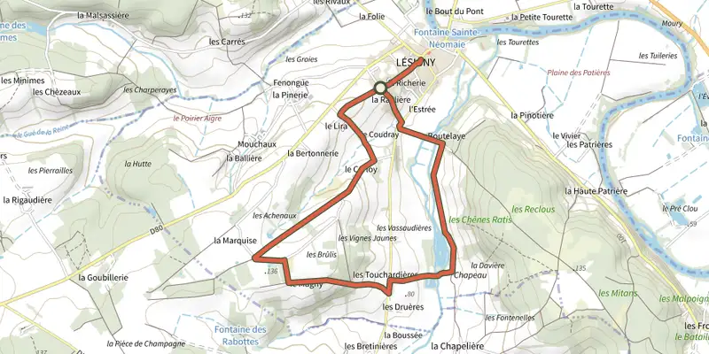 Carte du tracé de Le Magny sur le Plan IGN, départ et points de passage numérotés