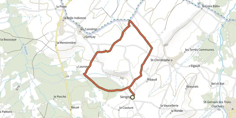 Carte du tracé de Sentier de la Tour Legat sur le Plan IGN, départ et points de passage numérotés