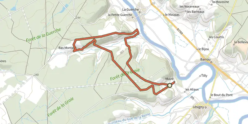 Carte du tracé de Moulin du Roy sur le Plan IGN, départ et points de passage numérotés