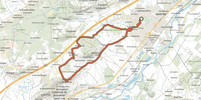 Carte du tracé de Baudiment sur le Plan IGN, départ et points de passage numérotés