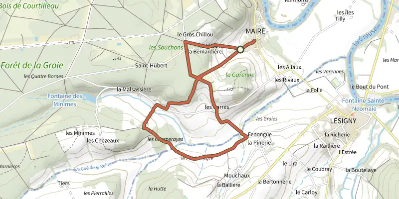 Map of the Gué de la Reine track on the IGN map, with the start and numbered waypoints