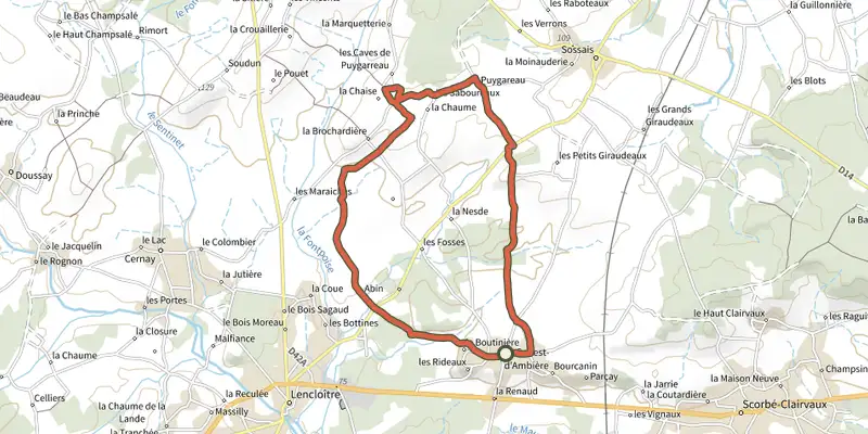 Map of the Circuit des châteaux track on the IGN map, with the start and numbered waypoints