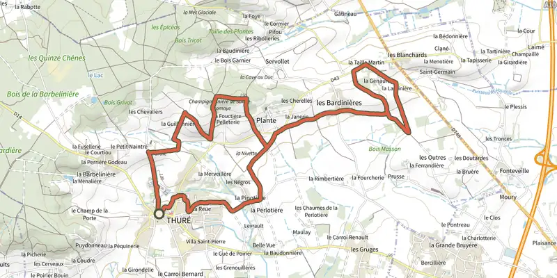 Carte du tracé de Sur les pas de Maurice Bedel sur le Plan IGN, départ et points de passage numérotés