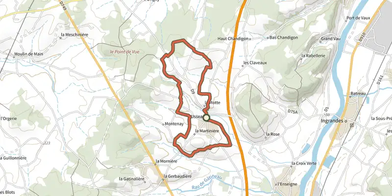 Carte du tracé de Aux confins du Haut Poitou et de la Touraine sur le Plan IGN, départ et points de passage numérotés