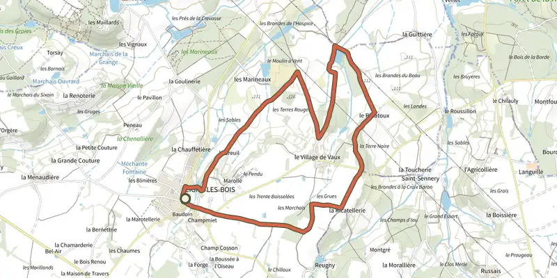 Map of the Balade des plaisirs track on the IGN map, with the start and numbered waypoints