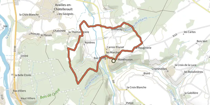 Carte du tracé de Circuit des Cervidés sur le Plan IGN, départ et points de passage numérotés