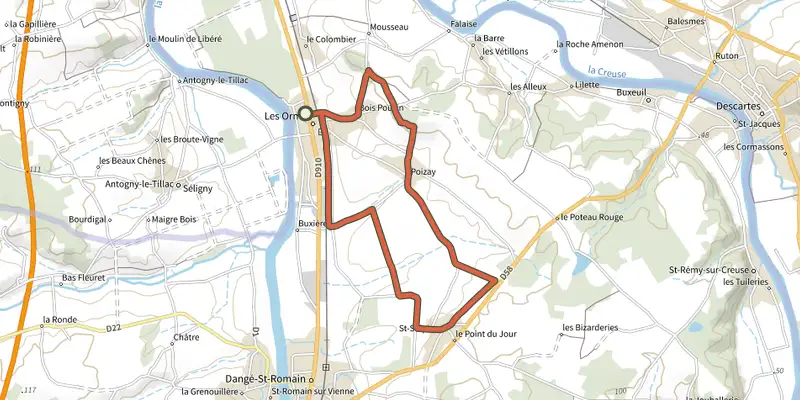 Carte du tracé de Balade Ormoise sur le Plan IGN, départ et points de passage numérotés