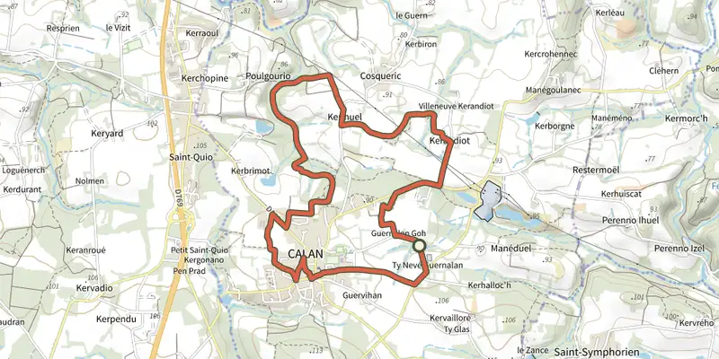 Carte du tracé de Calan - Circuit du Lec'h sur le Plan IGN, départ et points de passage numérotés