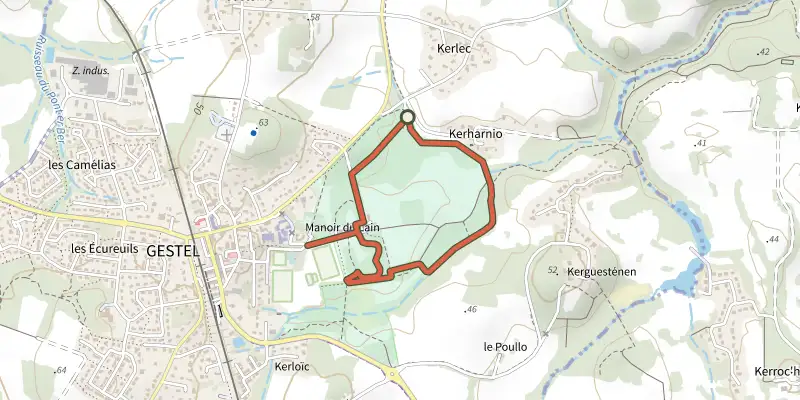 Carte du tracé de Gestel - Circuit du domaine du Lain sur le Plan IGN, départ et points de passage numérotés