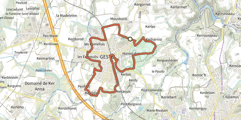 Map of the Gestel - Circuit du Tro Kreiz Ker track on the IGN map, with the start and numbered waypoints