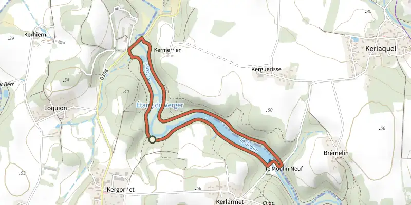 Carte du tracé de Gestel - Circuit l'étang du Verger sur le Plan IGN, départ et points de passage numérotés