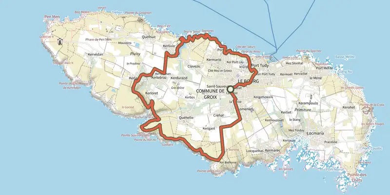 Map of the Groix - Boucle 4 - Trou de l’Enfer/Kerlard track on the IGN map, with the start and numbered waypoints