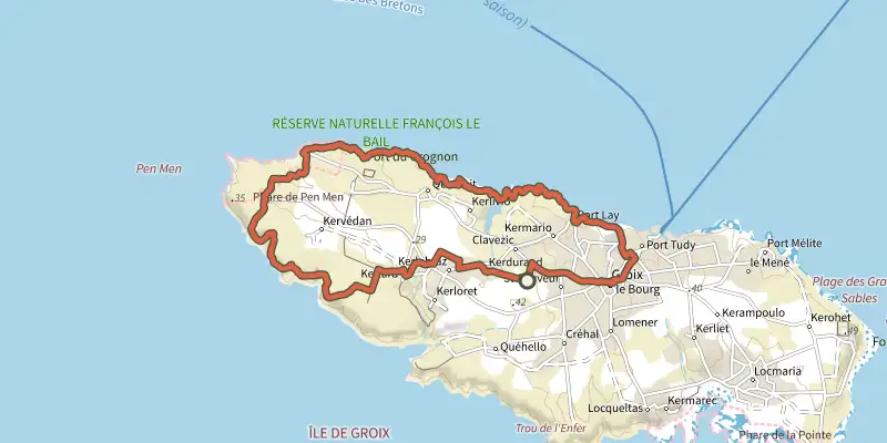 Map of the Groix - Boucle 5 - Pen Men track on the IGN map, with the start and numbered waypoints