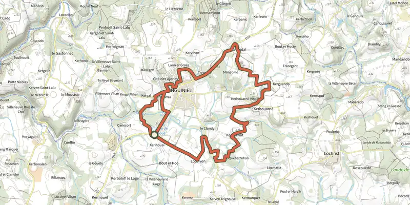 Carte du tracé de Inguiniel - Circuit du bourg sur le Plan IGN, départ et points de passage numérotés
