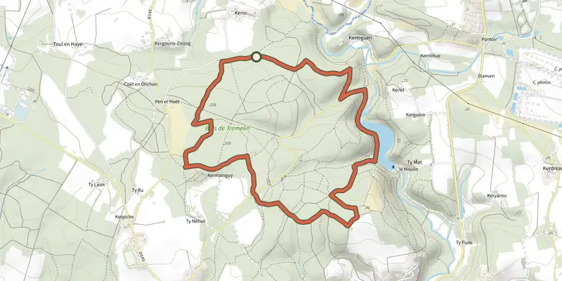 Map of the Inzinzac-Lochrist - Circuit de la forêt de Trémelin track on the IGN map, with the start and numbered waypoints
