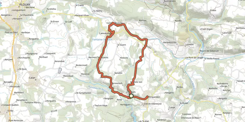 Carte du tracé de Inzinzac-Lochrist - Circuit du Kerollin sur le Plan IGN, départ et points de passage numérotés