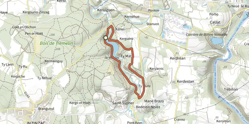 Carte du tracé de Inzinzac-Lochrist - Circuit du Ty-Mat sur le Plan IGN, départ et points de passage numérotés
