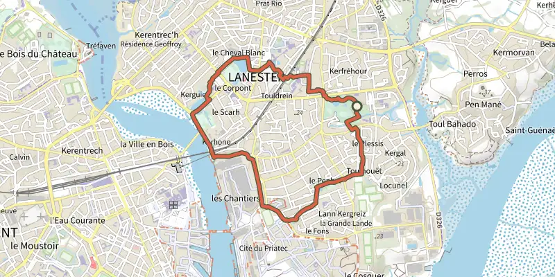 Carte du tracé de Lanester - Circuit de la batterie de Kerhono sur le Plan IGN, départ et points de passage numérotés