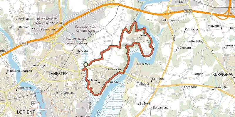 Map of the Lanester - Circuit du cimetière des bâteaux de Kerkervy track on the IGN map, with the start and numbered waypoints