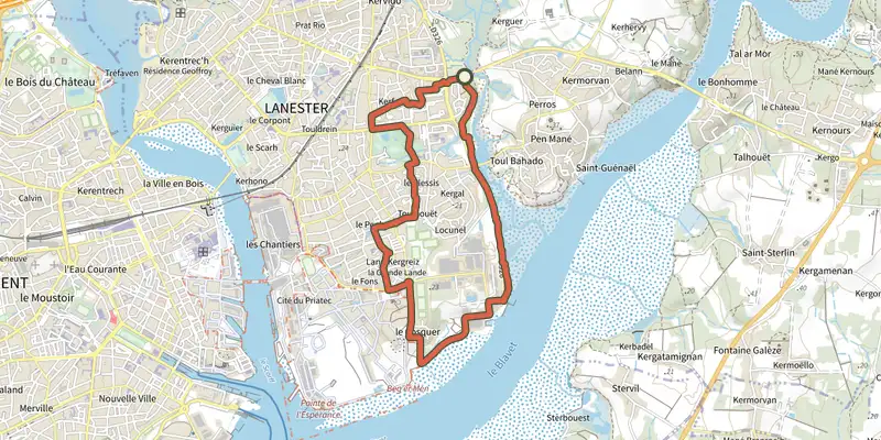 Carte du tracé de Lanester - Circuit du Rohu sur le Plan IGN, départ et points de passage numérotés