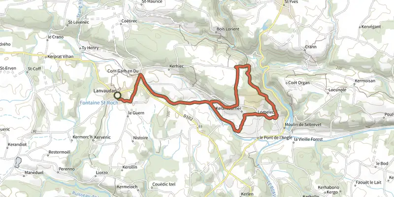 Carte du tracé de Lanvaudan - Circuit du patrimoine sur le Plan IGN, départ et points de passage numérotés